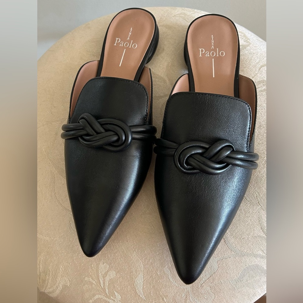Linea Paolo Black Leather Knot-Detail Slide Mules